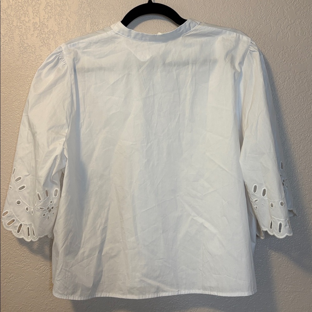 White Eyelet Sleeve Cotton Button-Up Top - Picture 2 of 8